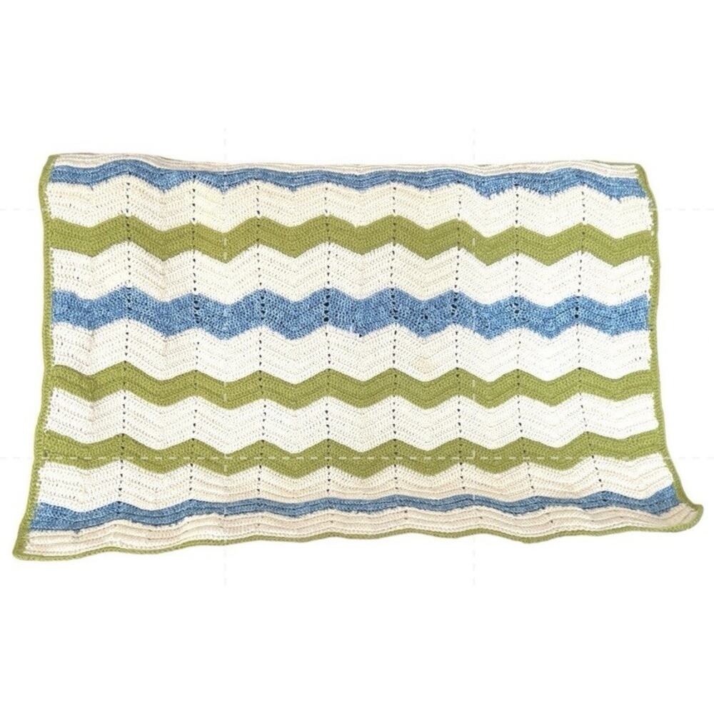 Crochet Handmade Lap Blanket Wheel Chair Afghan Chevron Ripple Blue Green White
